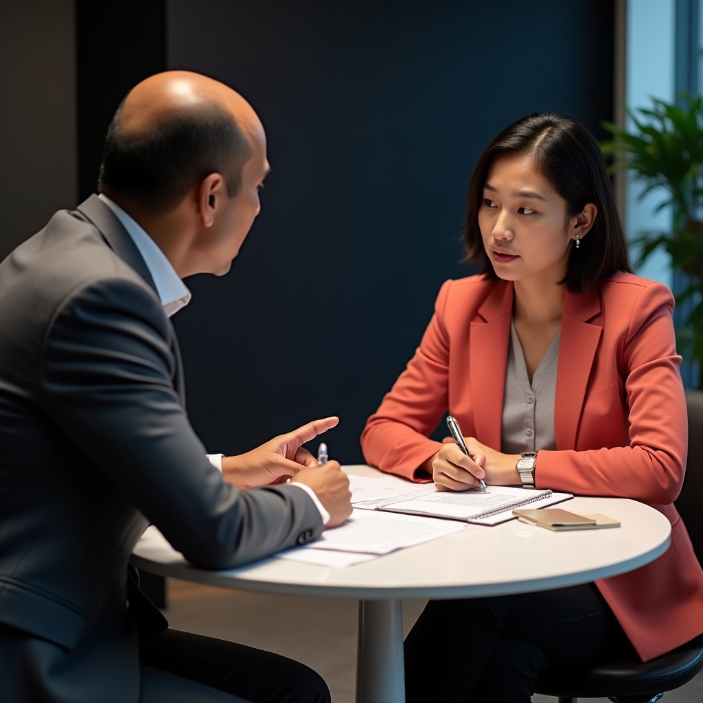 Financial educator in a one-on-one consultation with a young adult, reviewing documents together