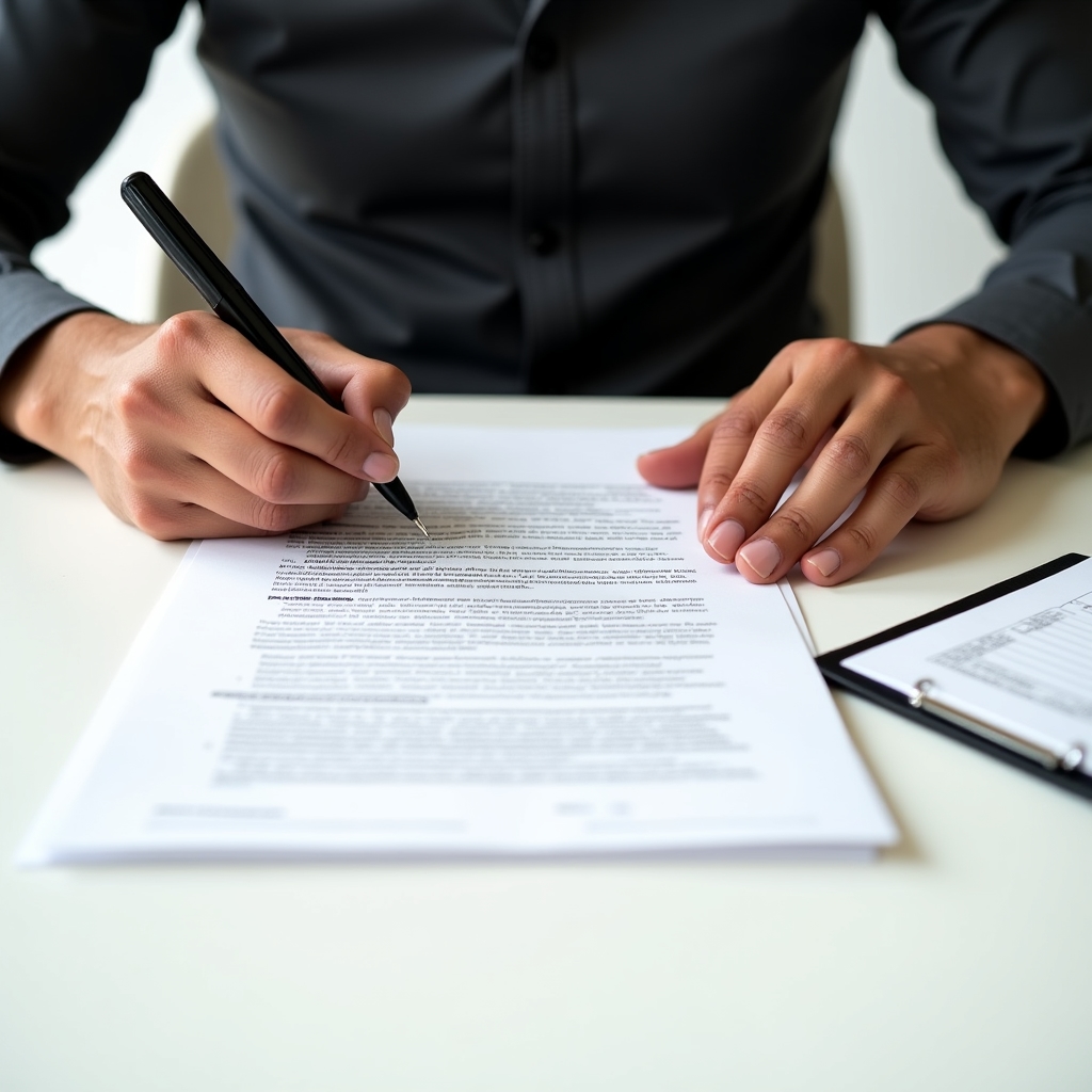 Close-up of hands reviewing bank contract documents on a clean desk with a pen and notepad