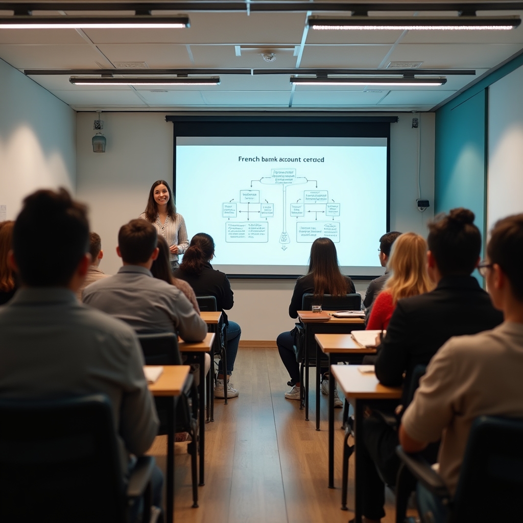 Modern classroom setting with young adults following a financial education presentation, attentive and engaged