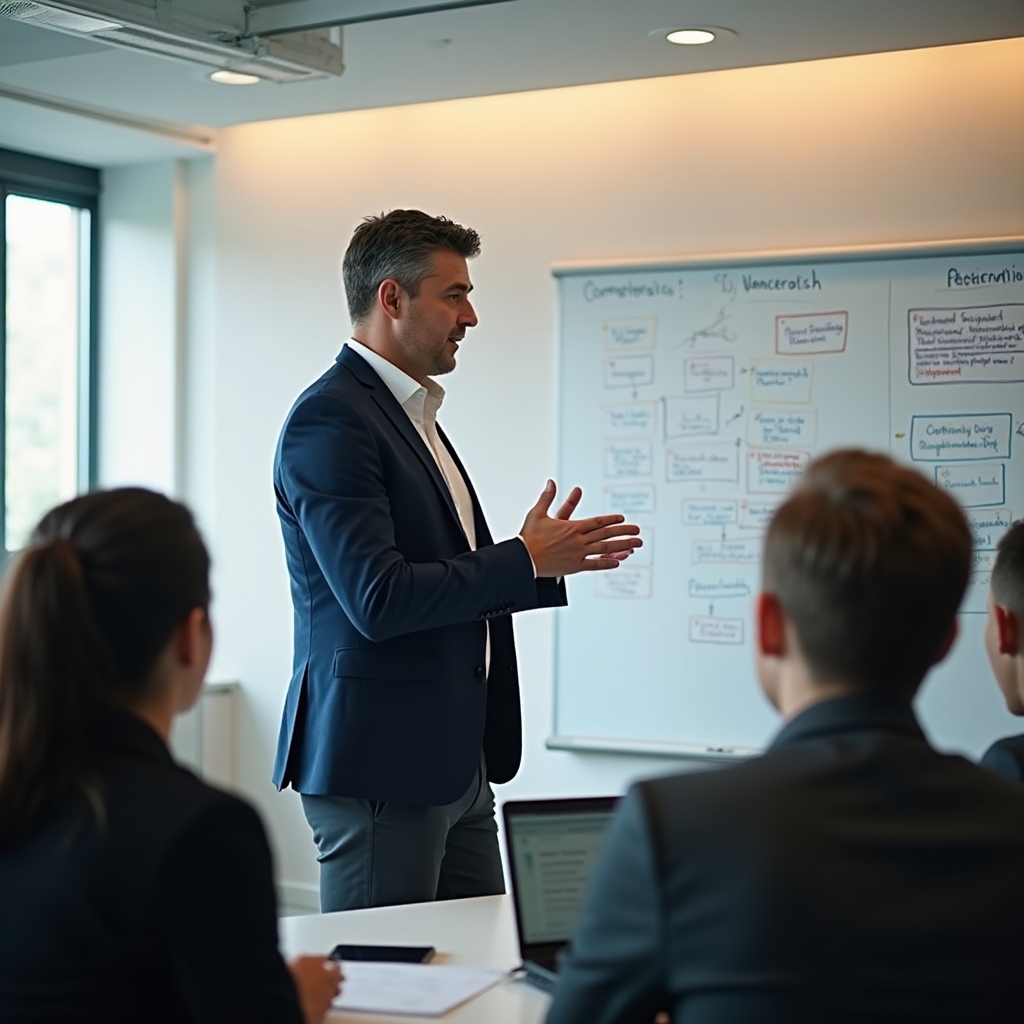 Financial educator presenting to a small group, standing in front of a whiteboard with diagrams, warm professional environment