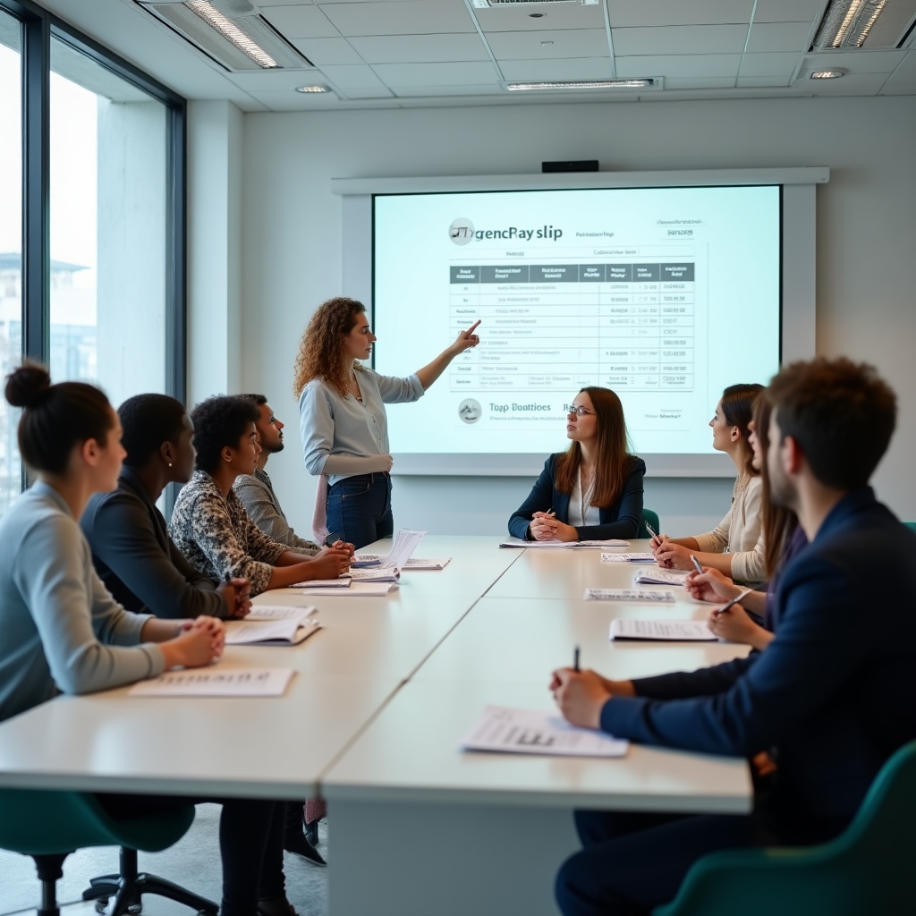 Group of young adults attending a financial education workshop in a modern seminar room