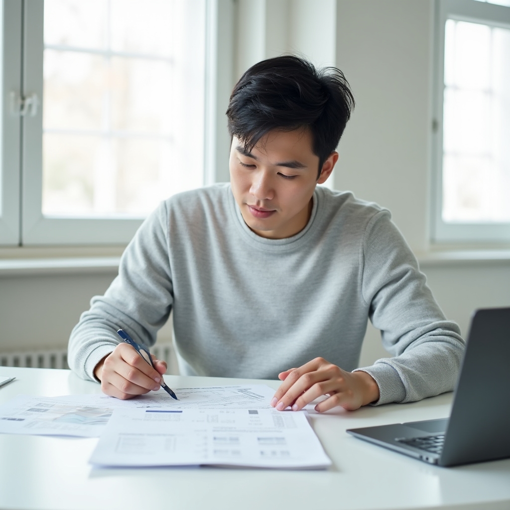 Young adult studying financial documents independently at a bright modern workspace, focused and self-assured