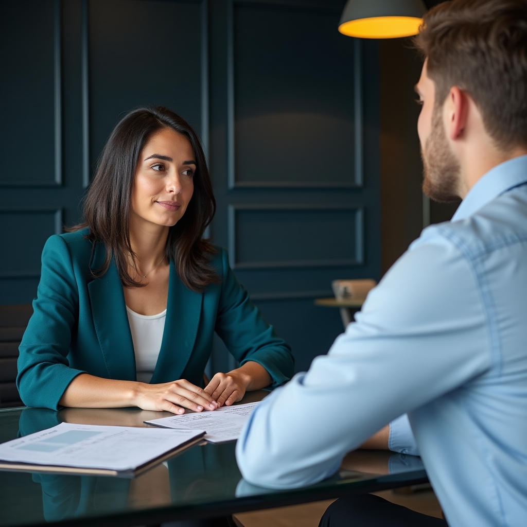 Young adult in an individual financial coaching session, seated across from an educator at a modern table, engaged in focused discussion