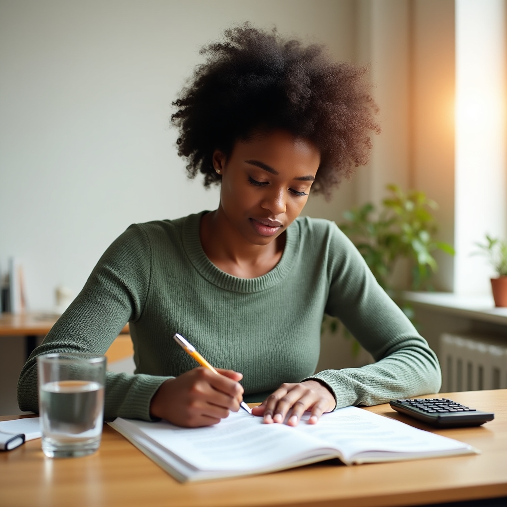 Young woman at a desk with a savings planner and calculator, focused expression, natural light