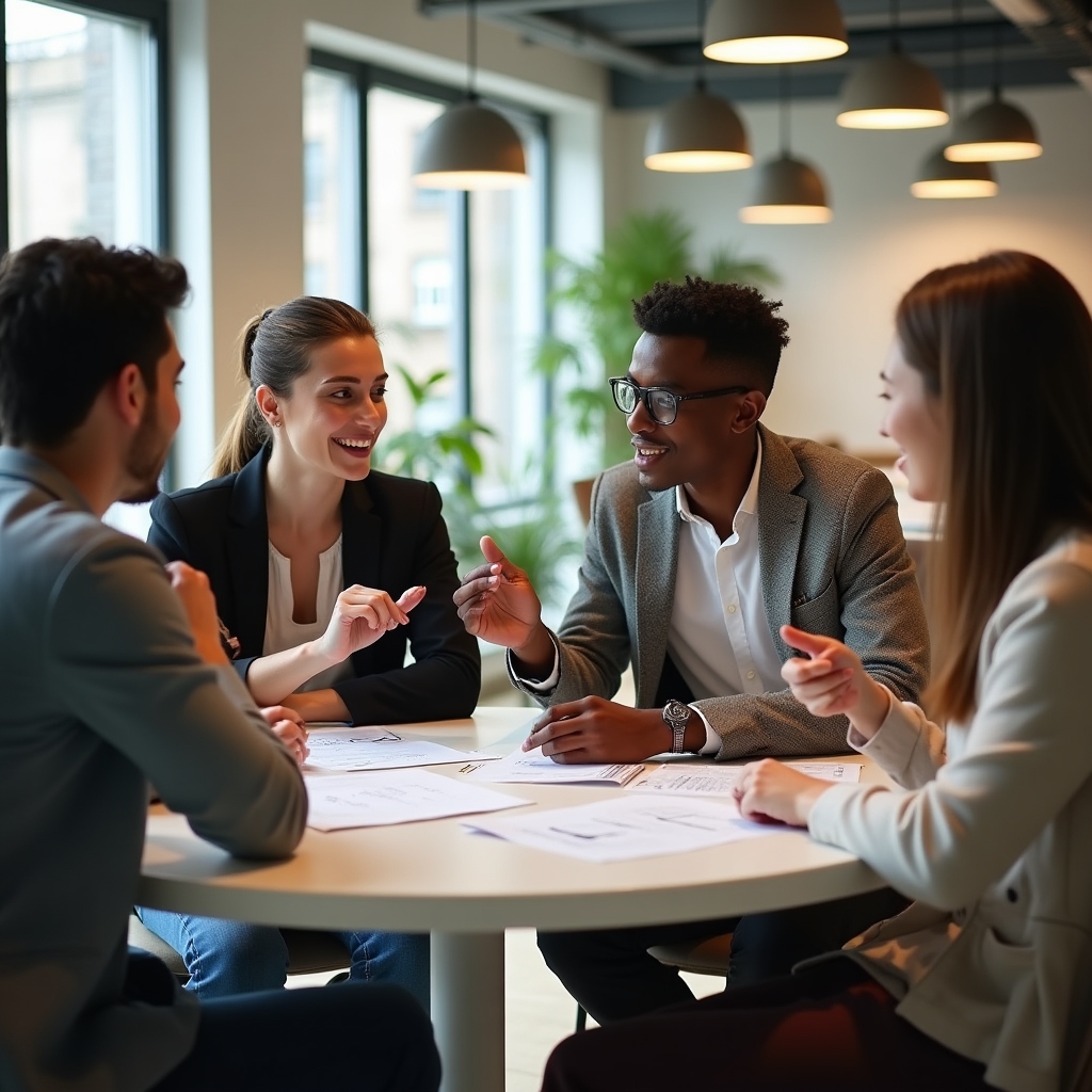 Small group of diverse young professionals in discussion around a table with financial materials