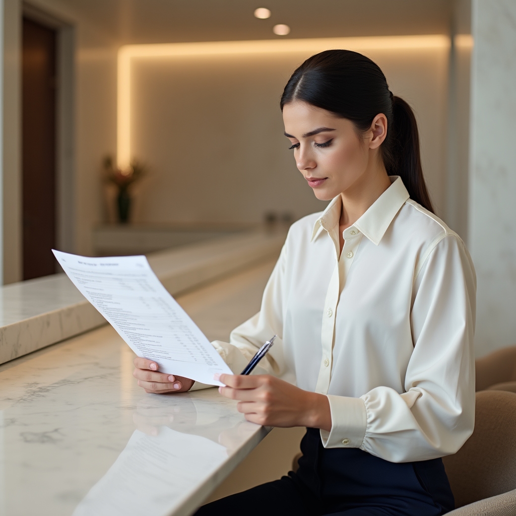 Young adult reviewing financial documents at a desk, looking confident and focused